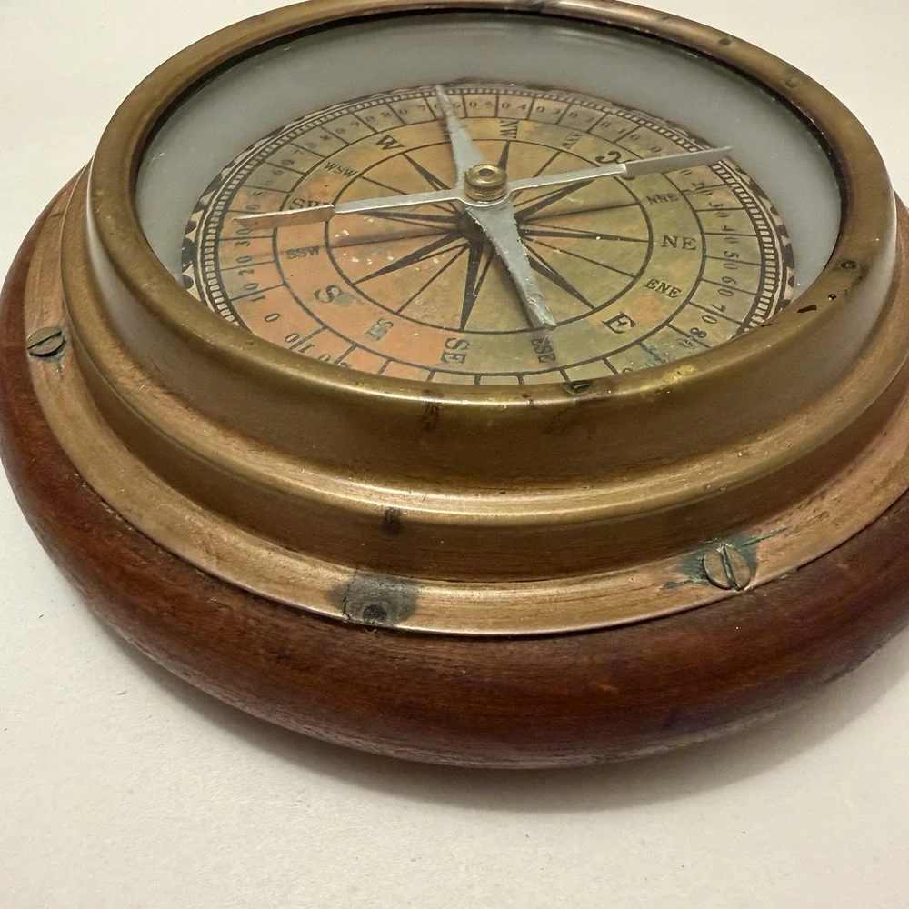 Antique Nautical Compass Wood Copper Coastal Nautical Ship Maritime Desk Staging